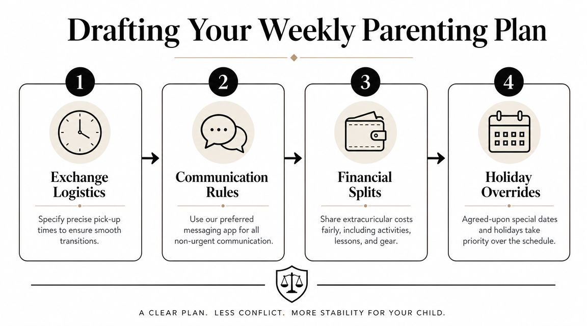 A four-step infographic illustrating key elements for creating a structured and effective weekly parenting plan.