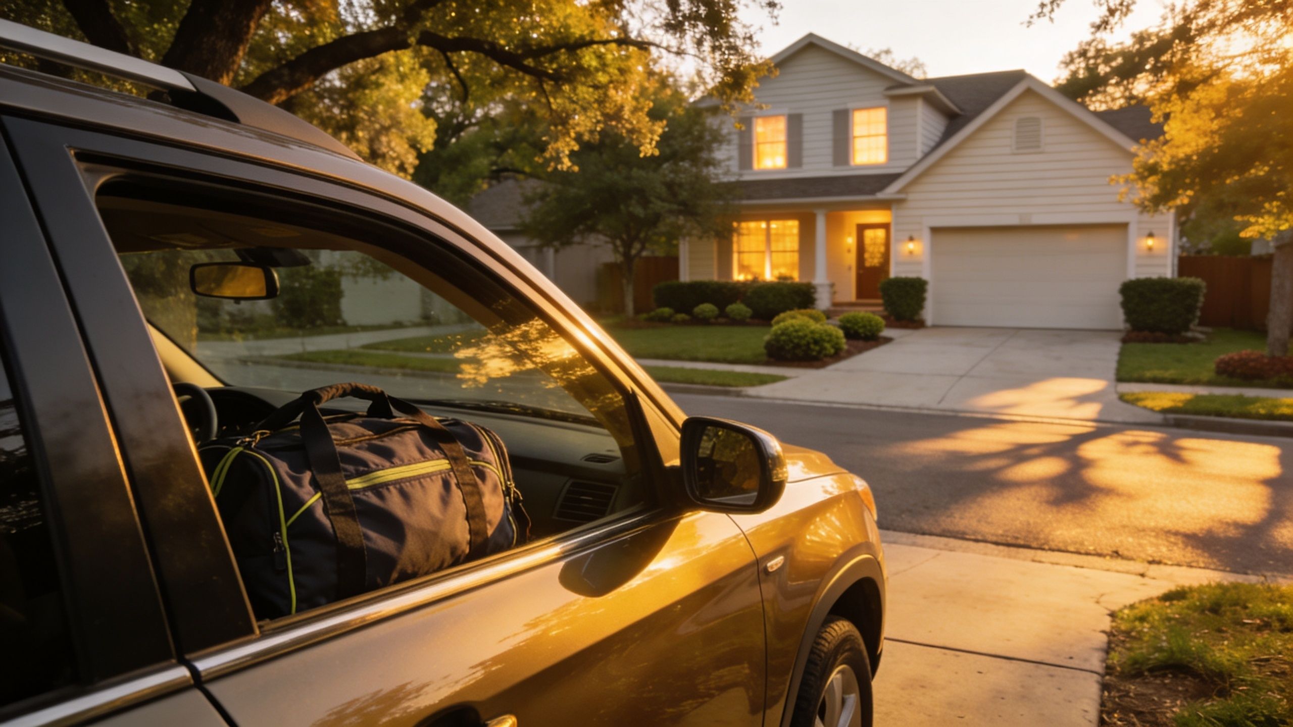 A travel bag sits on the passenger seat of a car parked in front of a suburban home.