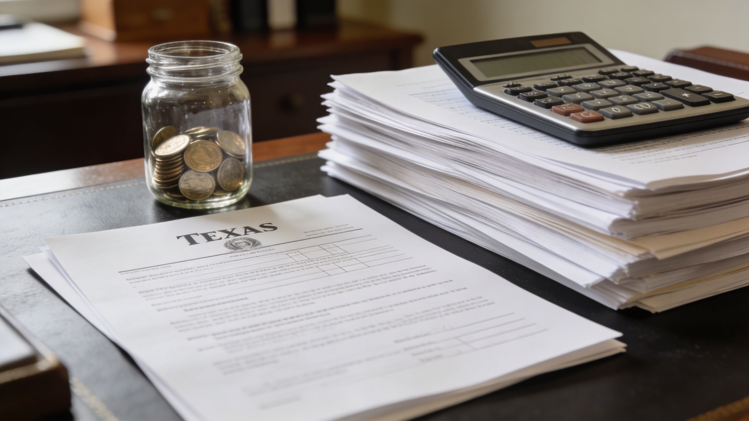A document titled Texas next to a glass jar filled with coins and a calculator on a desk.