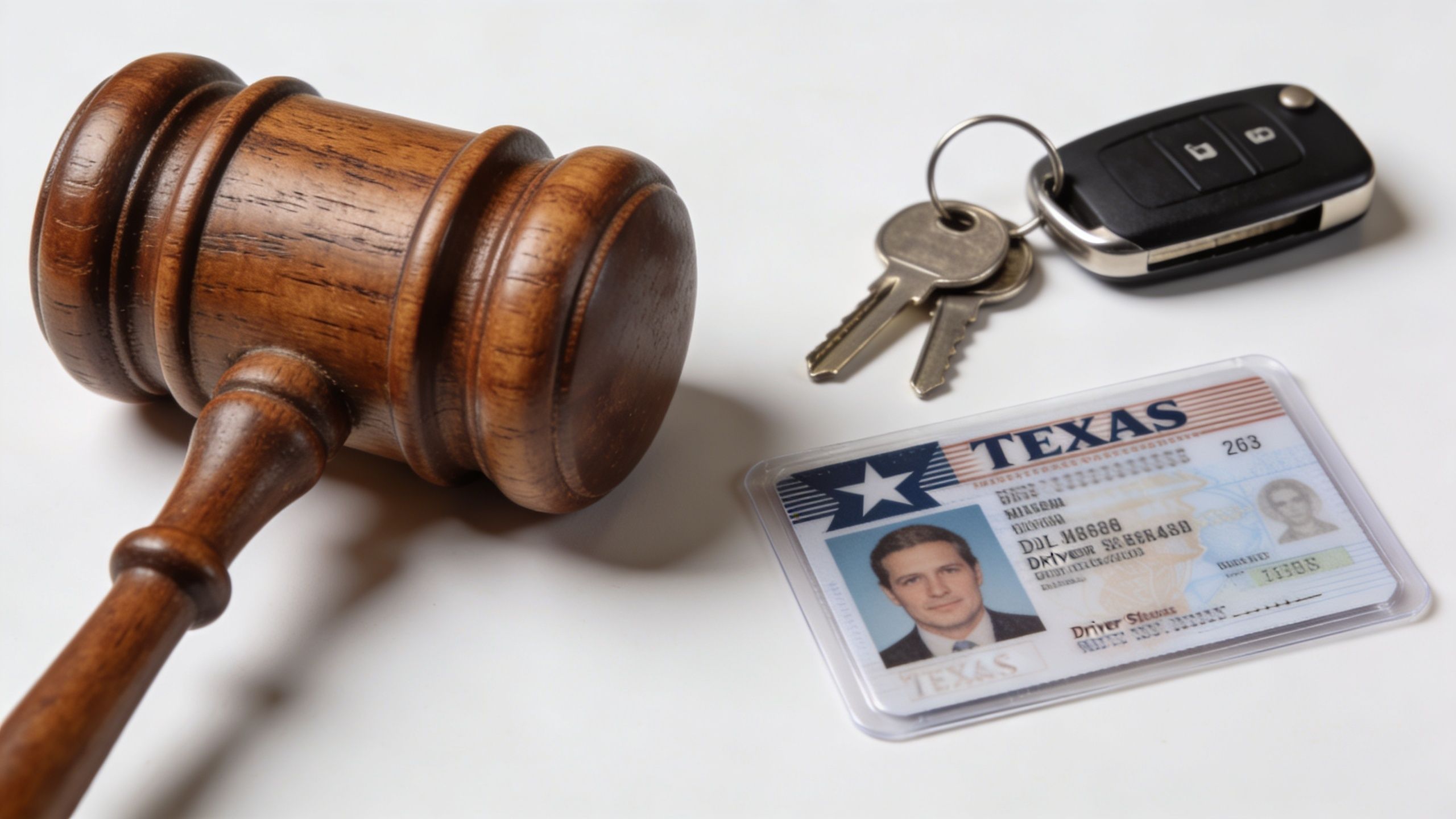 A wooden judge's gavel next to a car key fob and a Texas driver license on white.
