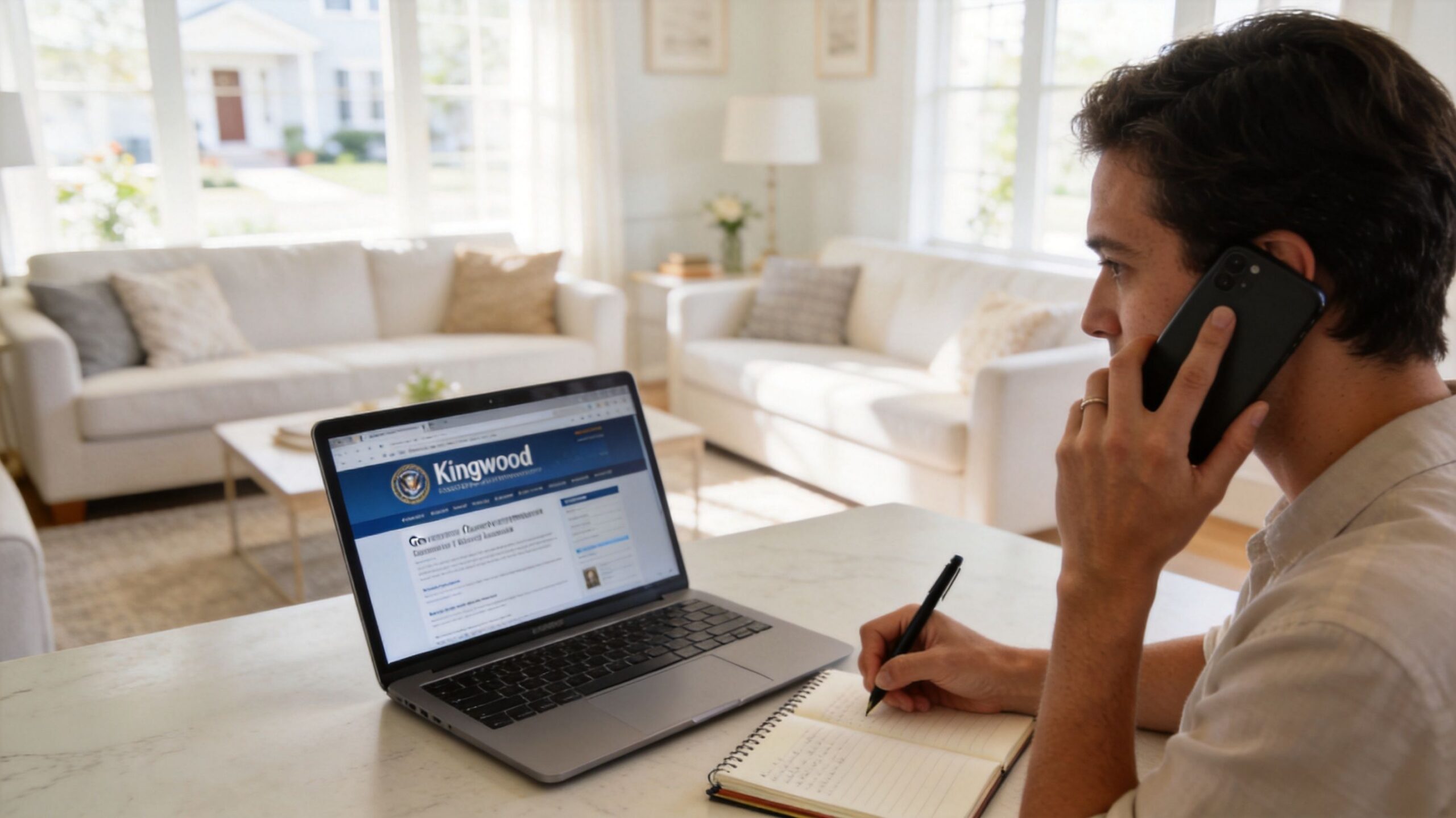 A man in a home office talking on a mobile phone while taking notes during a consultation.