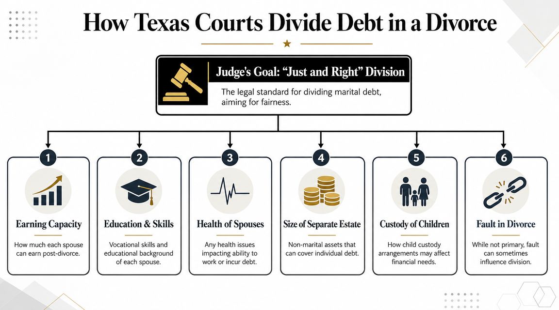 An infographic titled How Texas Courts Divide Debt in a Divorce, illustrating six key factors influencing judicial decisions.