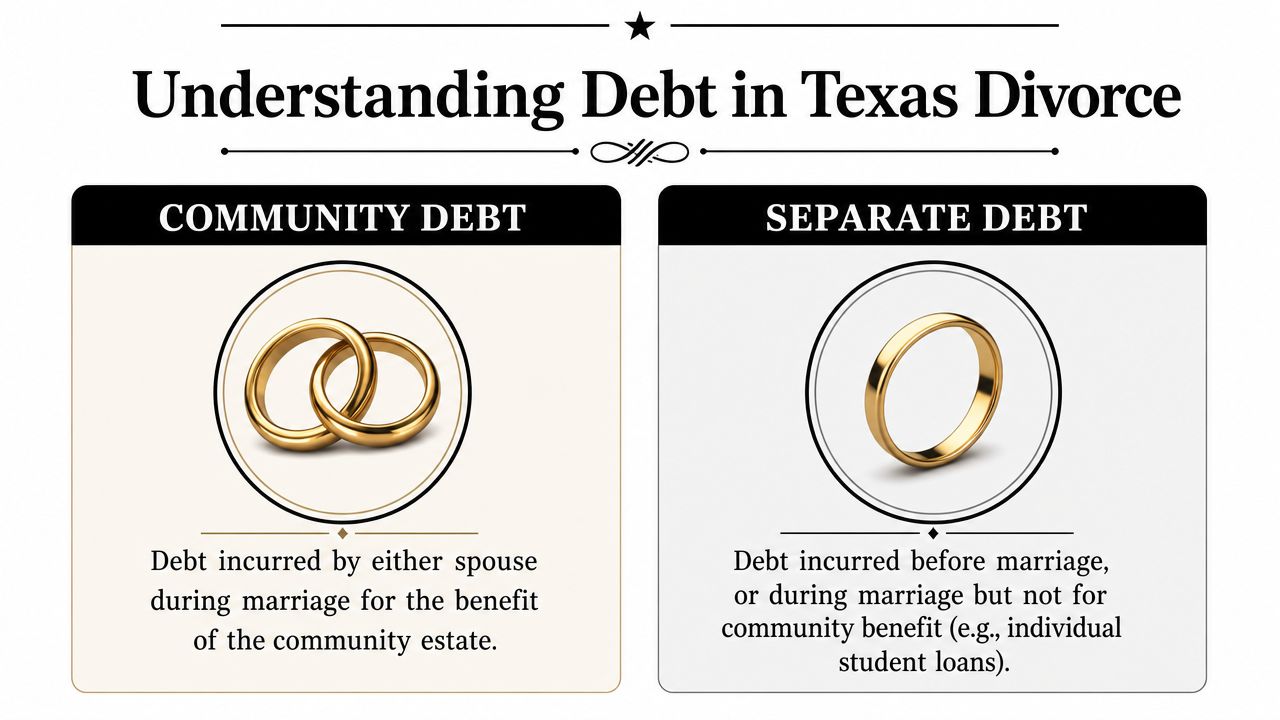 A visual guide explaining the difference between community debt and separate debt in Texas divorce proceedings.
