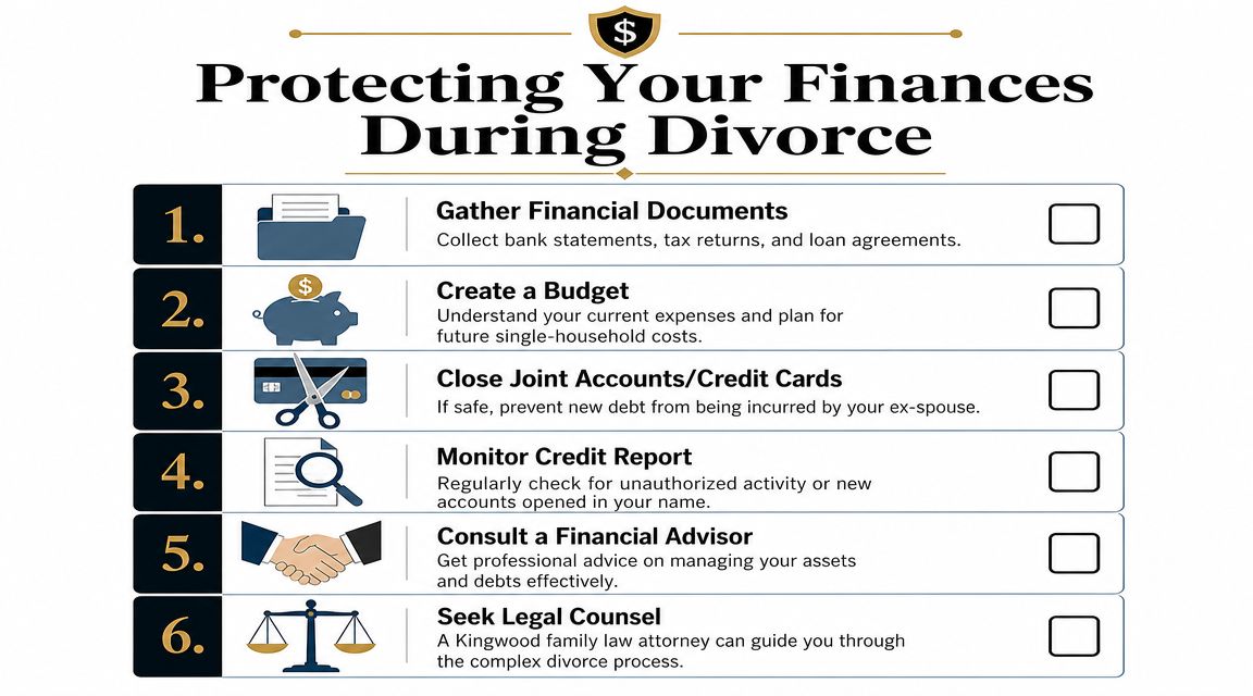 A checklist infographic titled Protecting Your Finances During Divorce, outlining six essential steps for financial management.