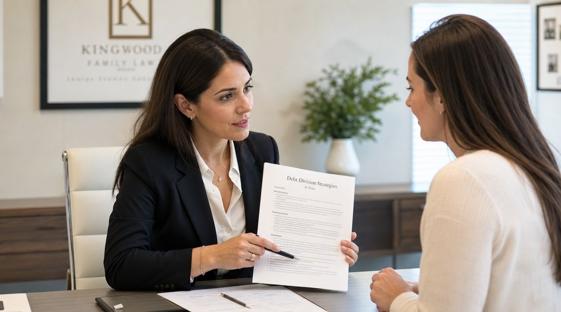 A female lawyer in a suit explaining debt division strategies to a client during a meeting.