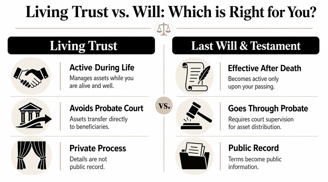A comparison chart showing the key differences between a Living Trust and a Last Will and Testament.