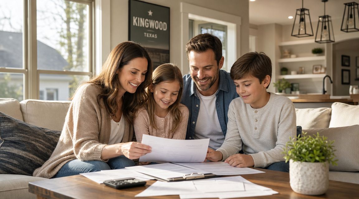 A happy family of four sitting on a couch reviewing important financial documents together at home.