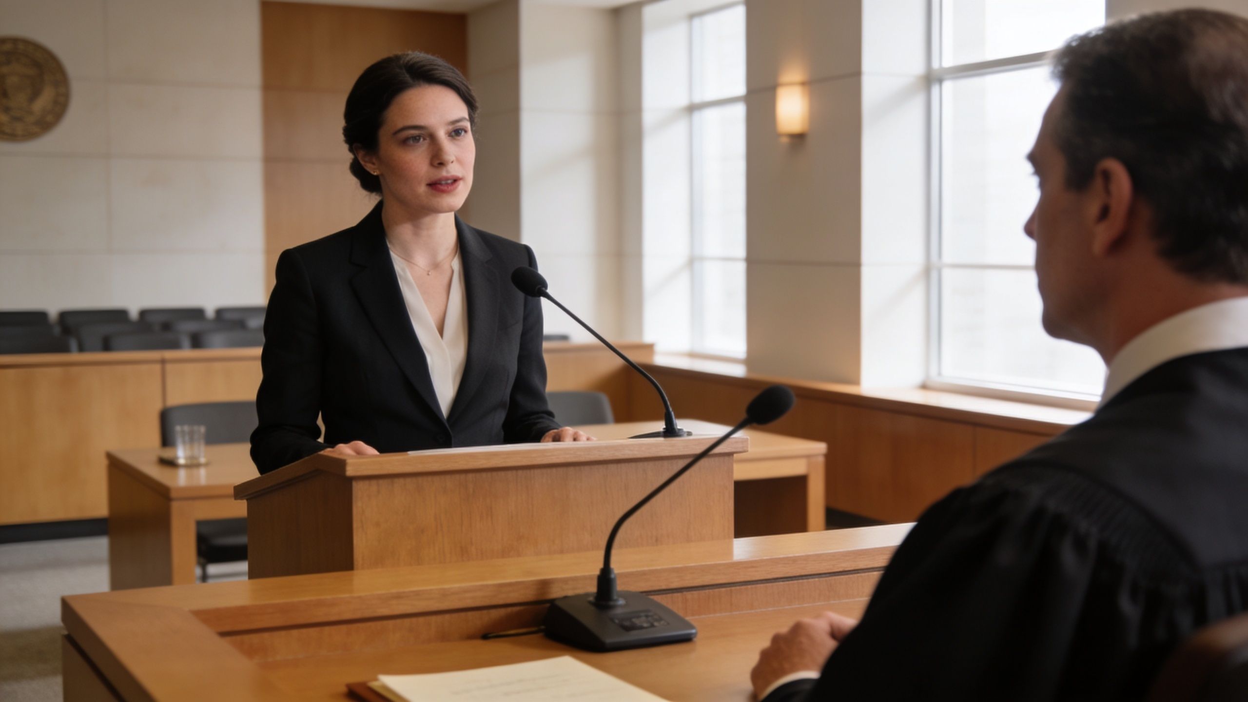 A woman in a professional suit speaking from a wooden witness stand in a courtroom.