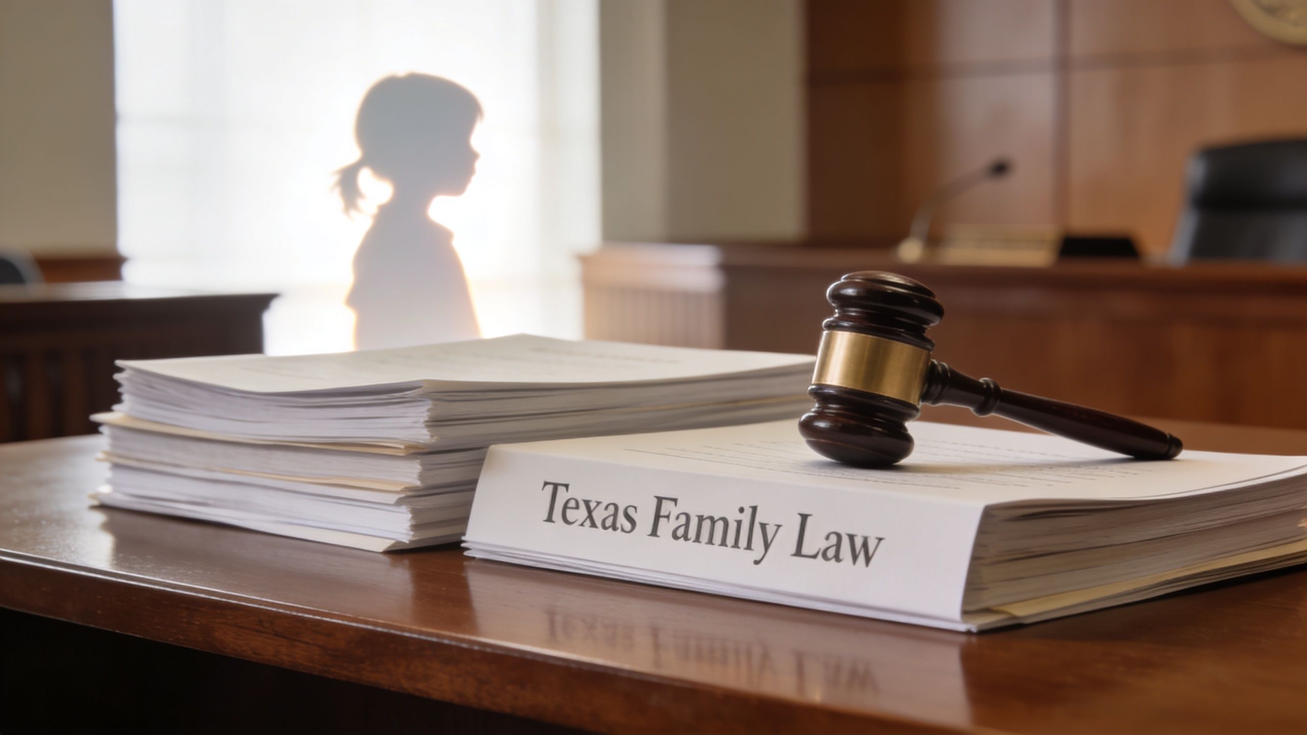 A gavel resting on a stack of documents labeled Texas Family Law with a child silhouette background.