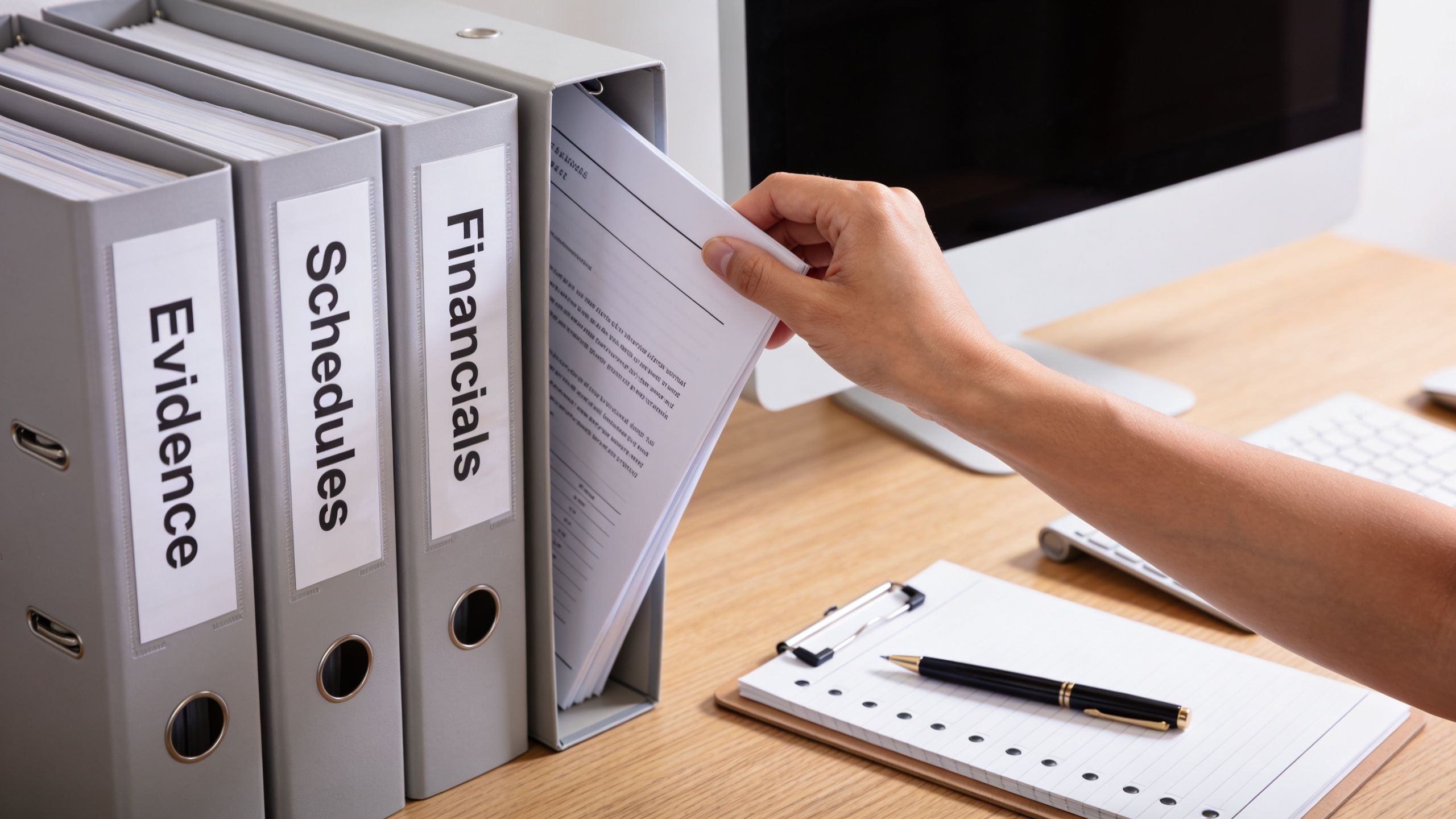 A person organizing business documents into labeled folders on a wooden desk near a computer.
