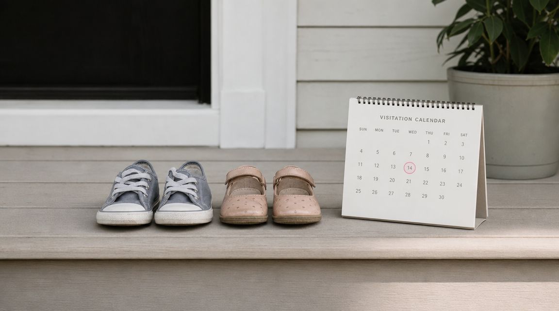 A pair of sneakers and Mary Janes sit on a porch next to a visitation calendar.