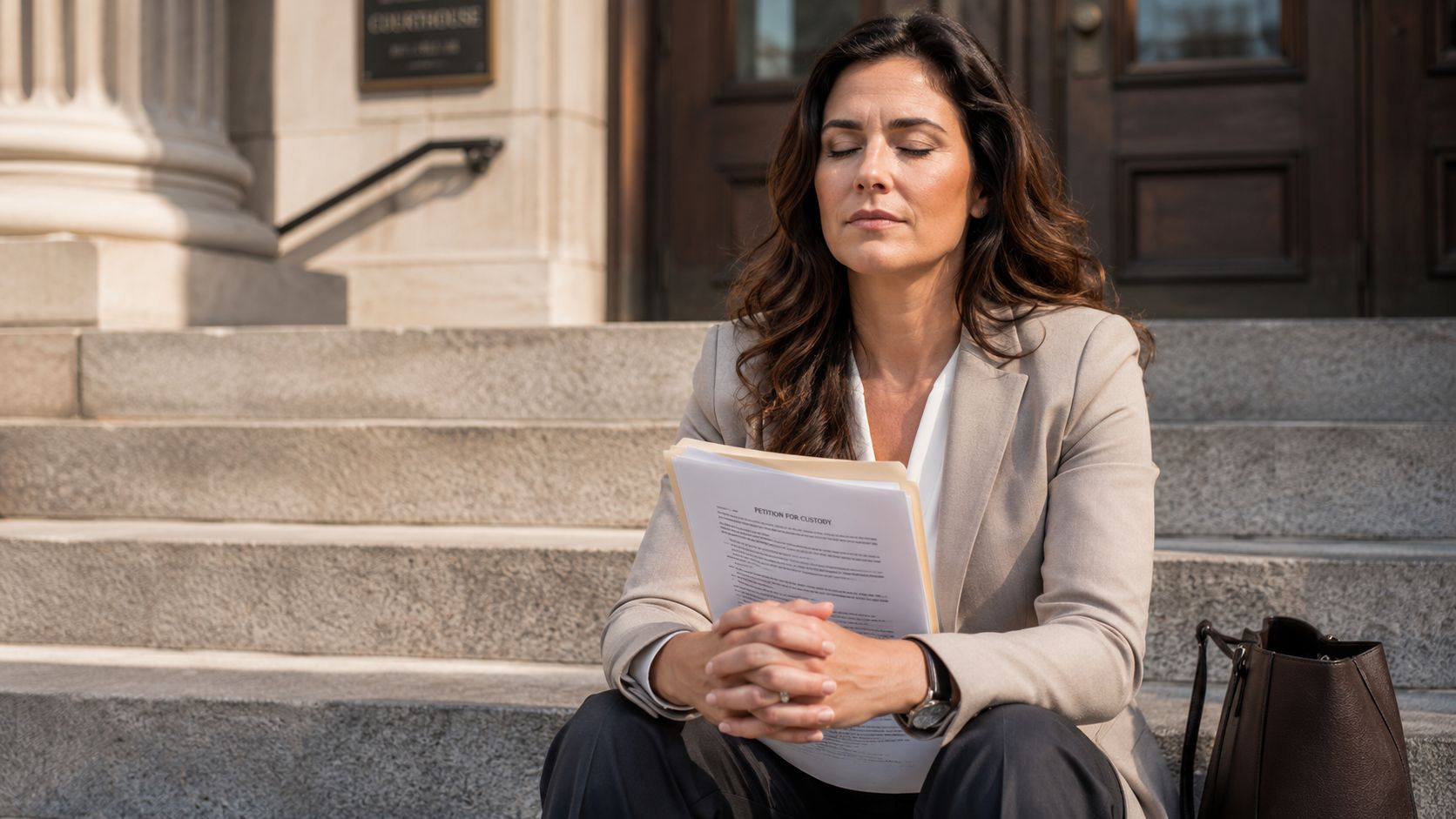A woman sits on courthouse steps with her eyes closed, holding a petition for custody document.