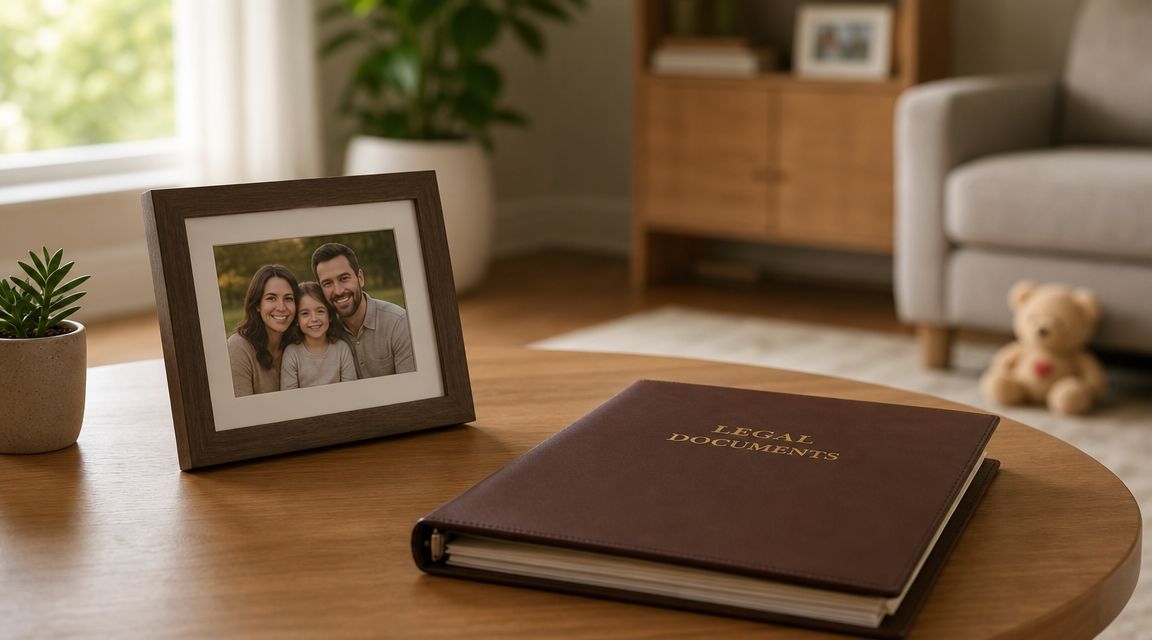 A leather-bound legal documents binder sits on a wooden table next to a family photo frame.
