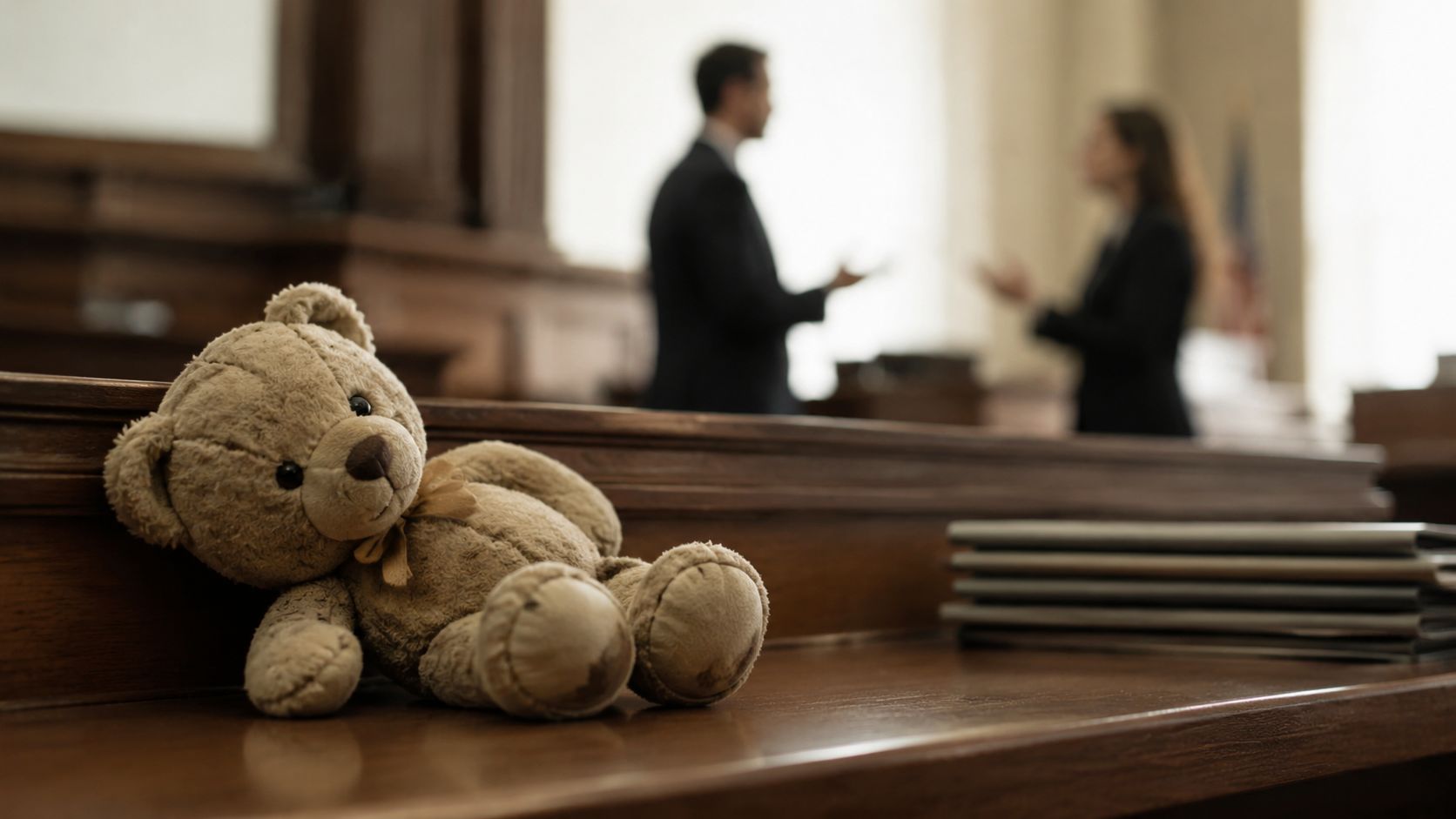 A small teddy bear sits on a wooden courtroom bench while two blurred attorneys converse in the background.