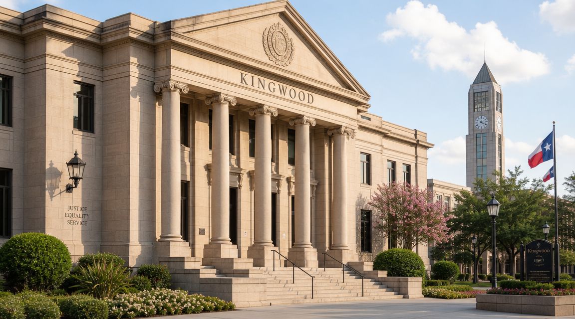 The historic Kingwood court building featuring classical stone architecture, tall columns, and the Texas flag flying outside.