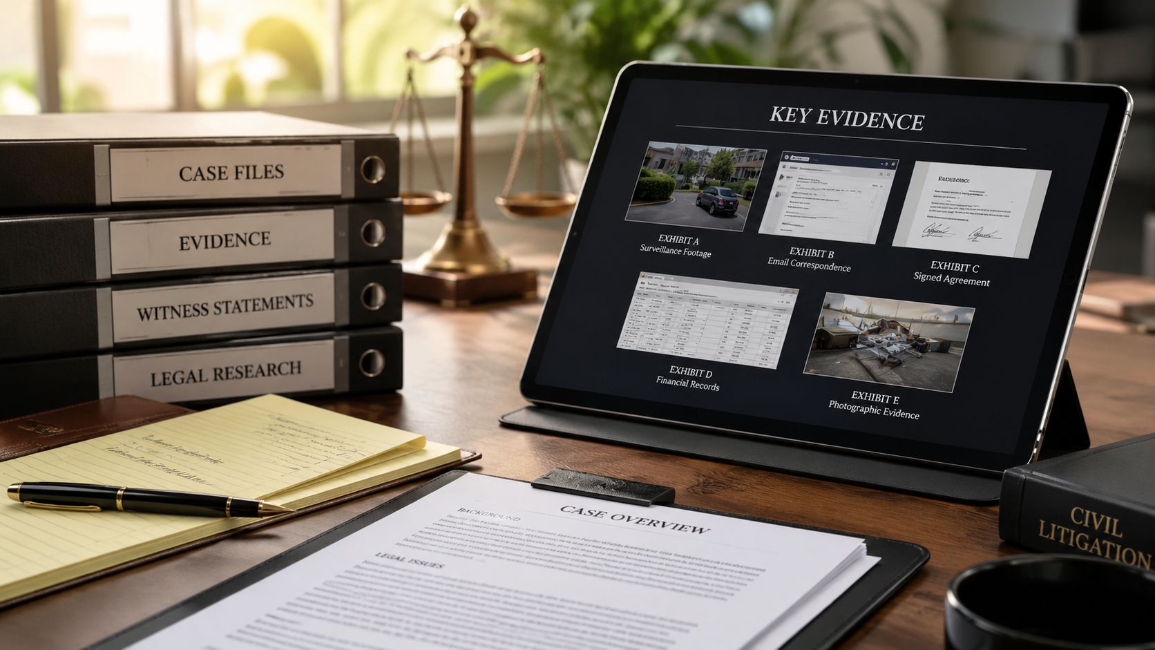 A tablet on a wooden desk displaying legal evidence documents with folders and a scale nearby.