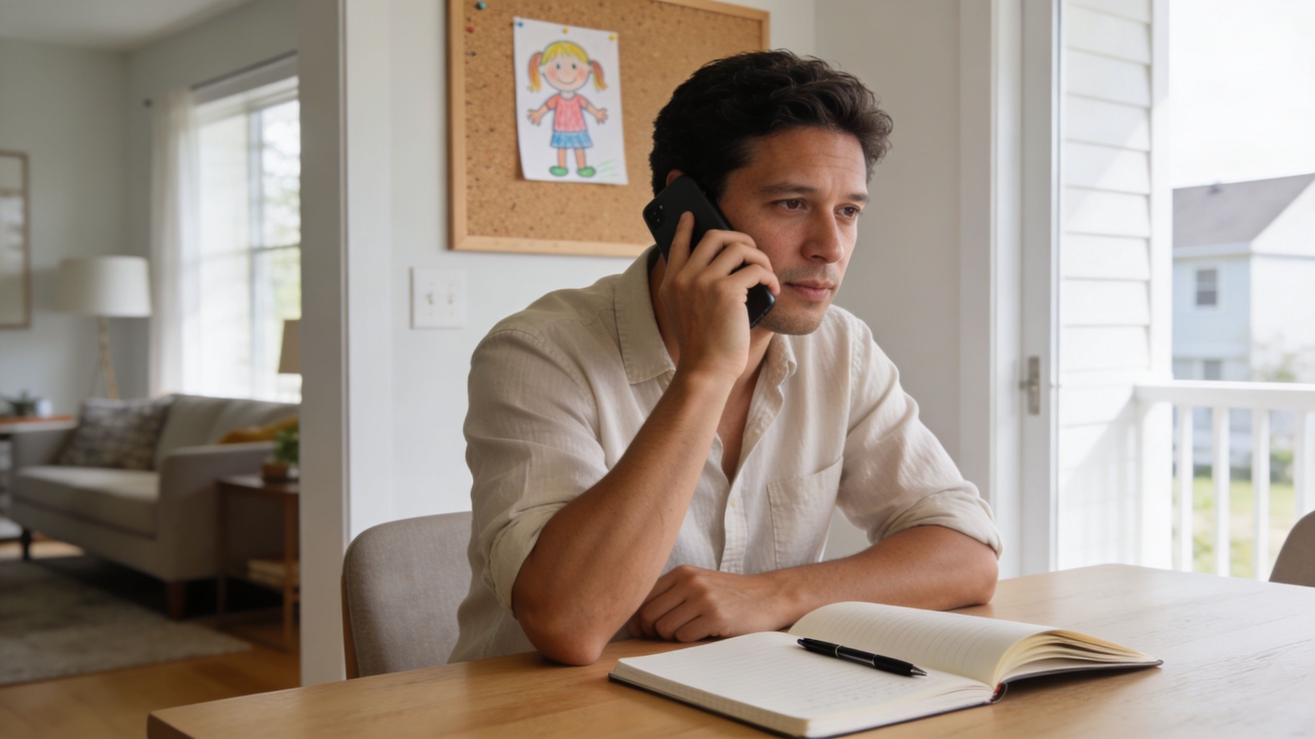 A concerned father talking on his mobile phone while sitting at a table with an open notebook.