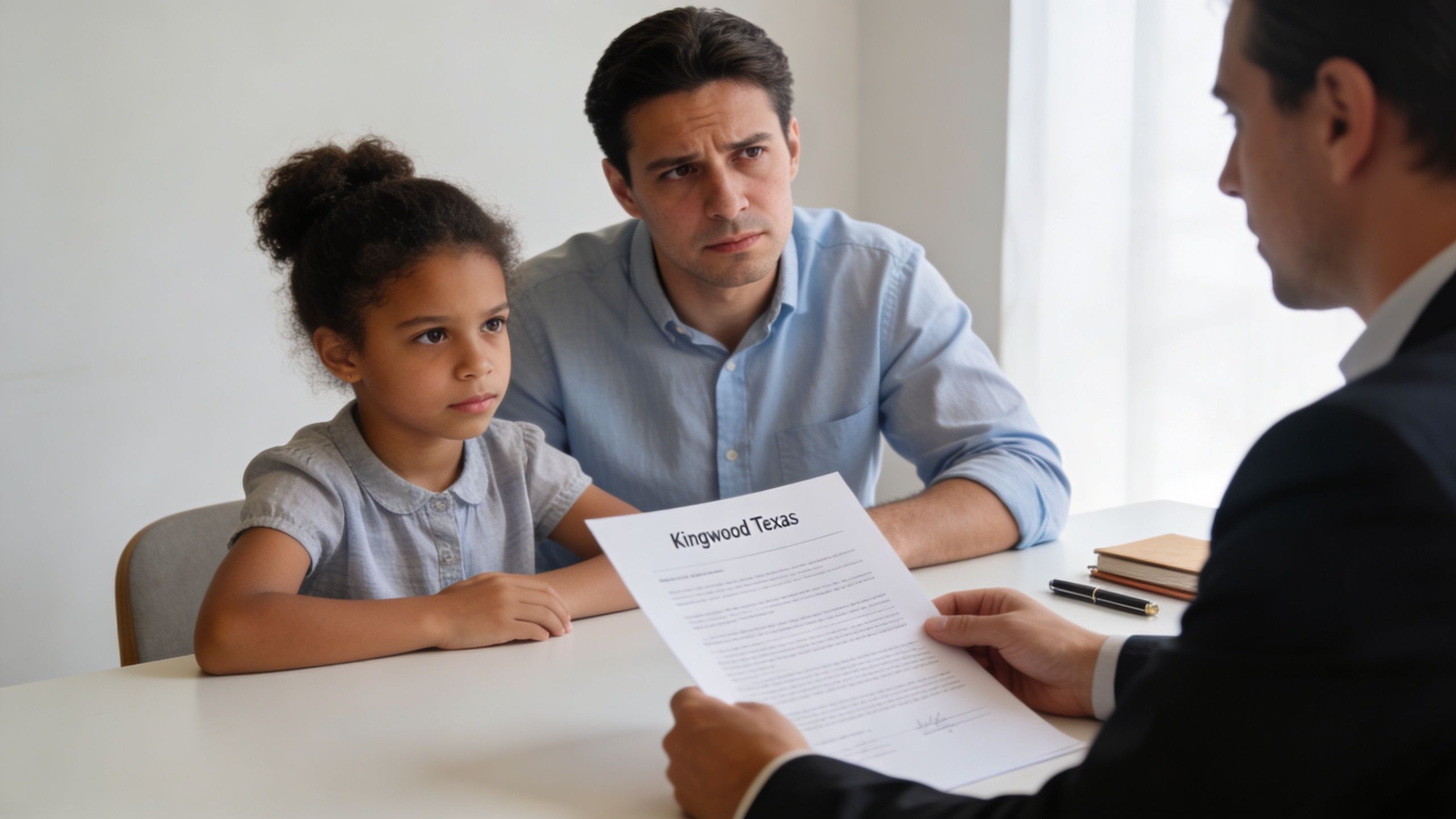 A father and his young daughter consult with a professional regarding legal custody documents in Kingwood, Texas.