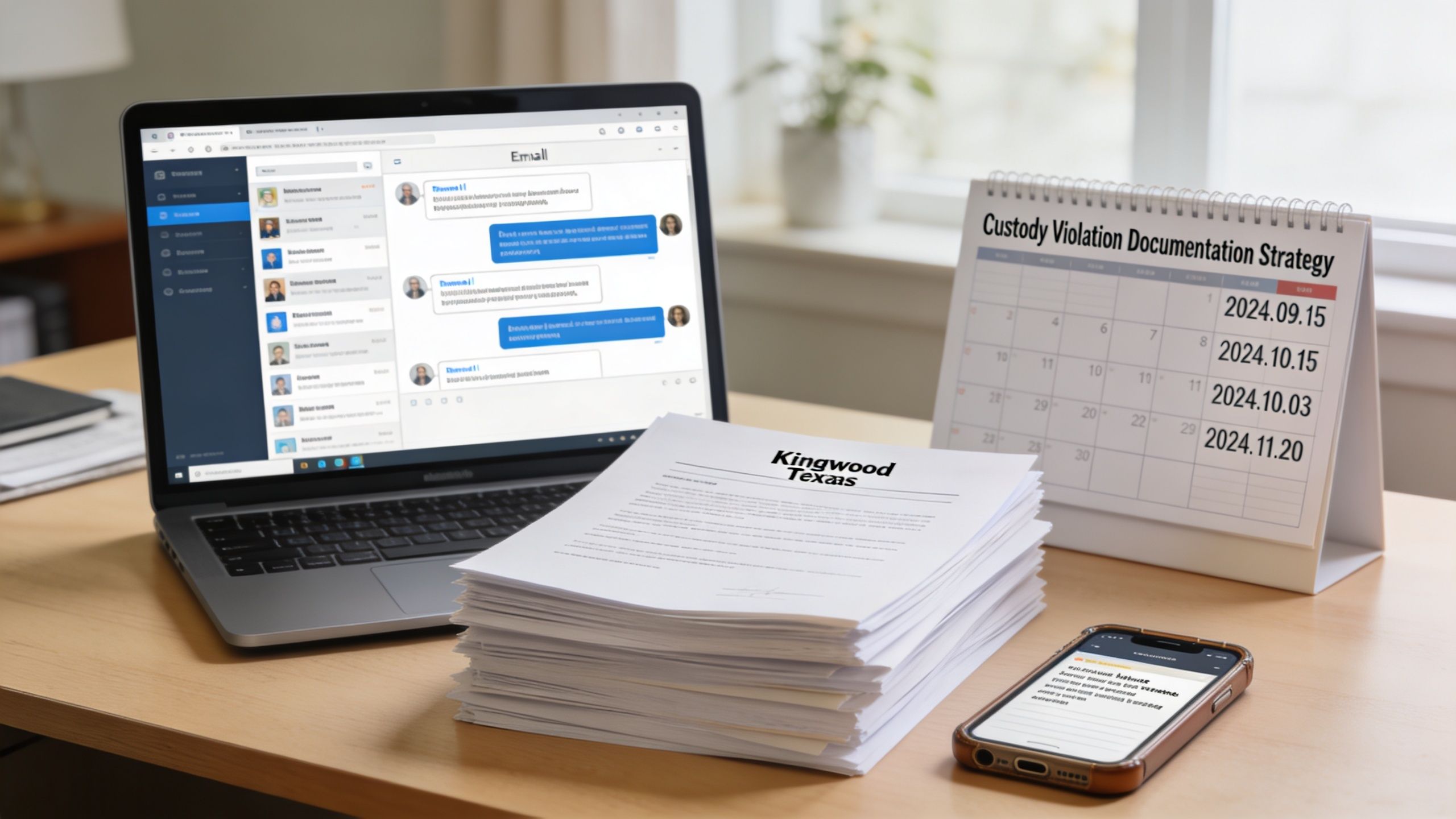 A workspace showing a laptop, a stack of legal documents, and a calendar for tracking child custody violations.