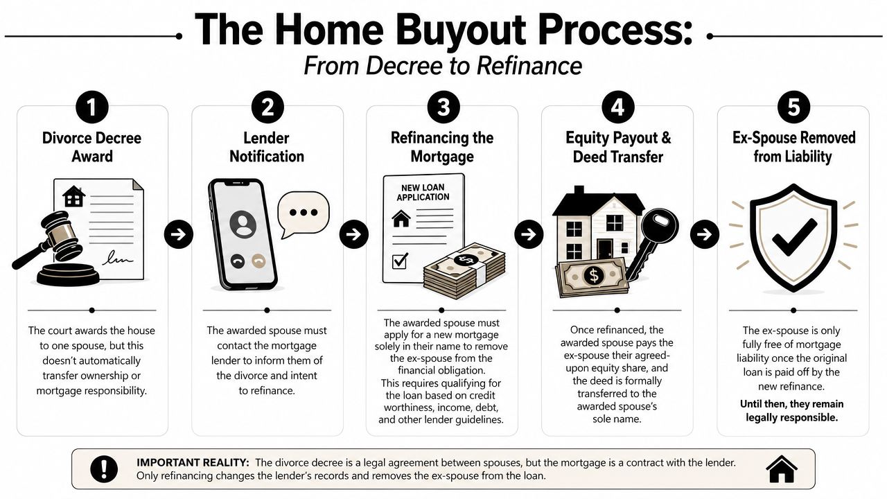 A five-step infographic showing the legal process for a home buyout and mortgage refinancing during divorce.