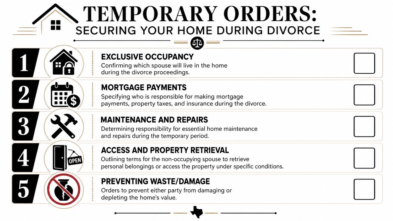 An infographic titled Temporary Orders Securing Your Home During Divorce showing five steps for home management.