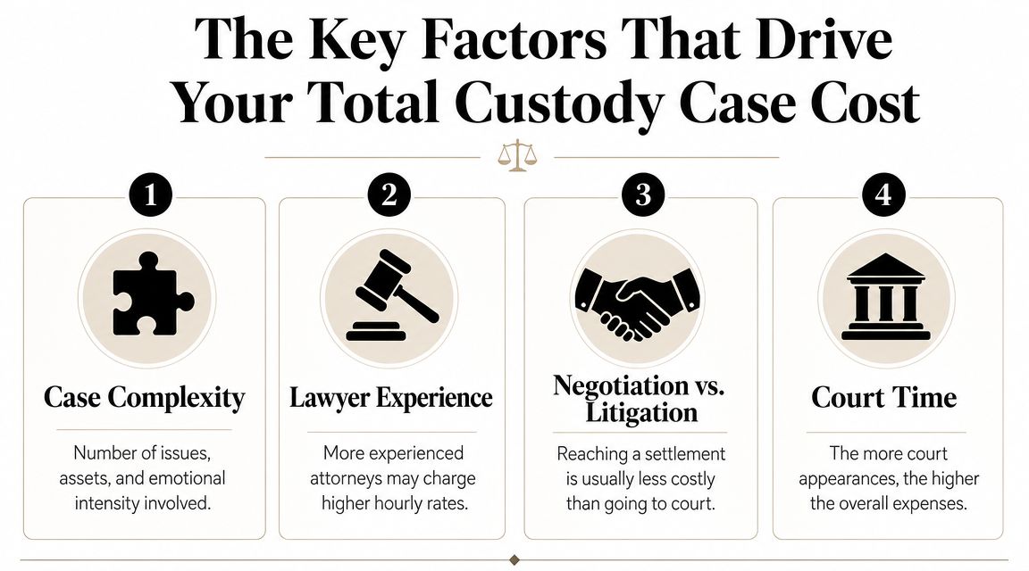 An infographic titled The Key Factors That Drive Your Total Custody Case Cost listing four main elements.