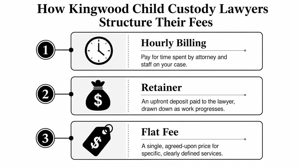 A graphic explaining the three common fee structures used by Kingwood child custody lawyers: hourly, retainer, and flat.