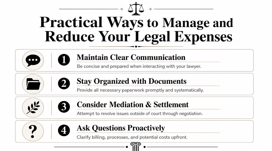 An infographic titled Practical Ways to Manage and Reduce Your Legal Expenses featuring four actionable tips.
