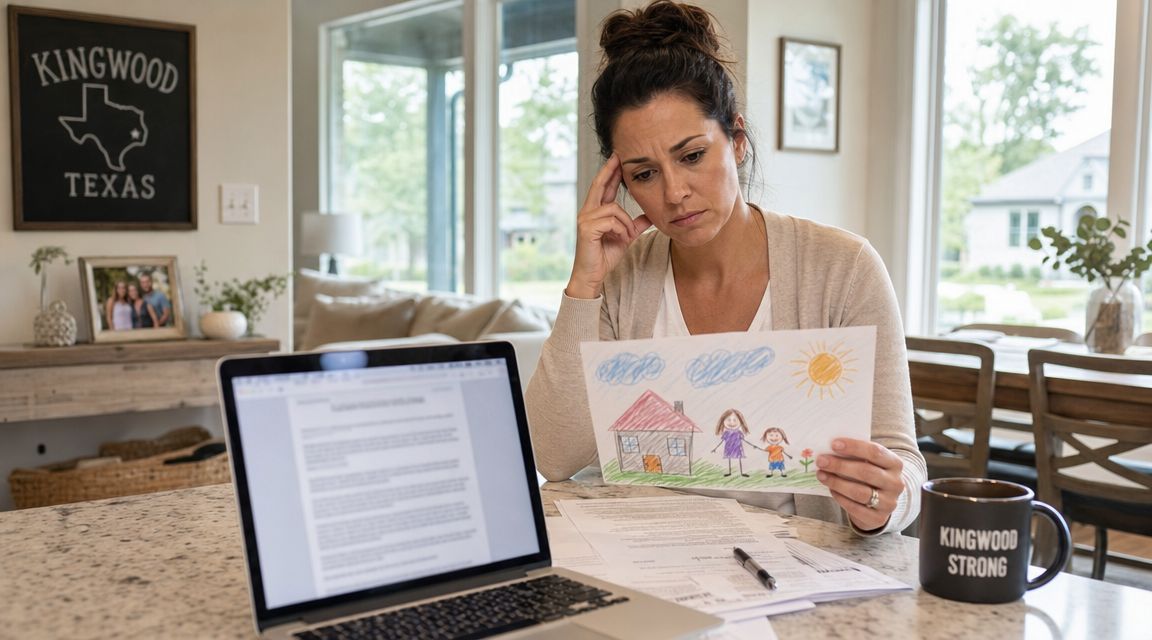 A concerned woman looking at a child's drawing while working at a computer in her home office.
