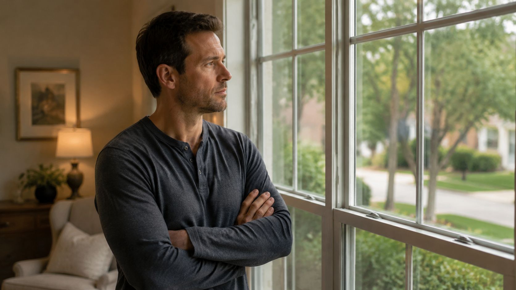 A concerned man wearing a dark long-sleeved shirt looking out of a window with his arms crossed.