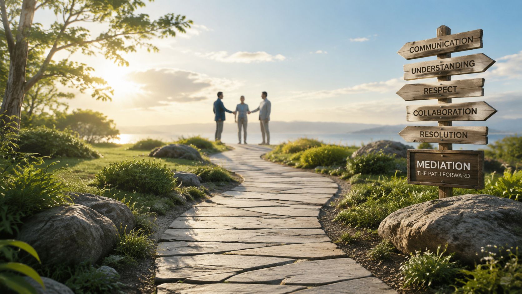 A wooden signpost pointing towards meditation on a pathway with three people shaking hands in the background.