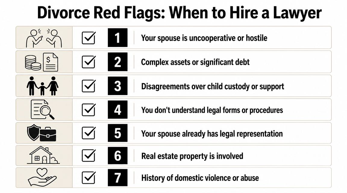A list of seven divorce red flags that indicate when it is necessary to hire a lawyer.