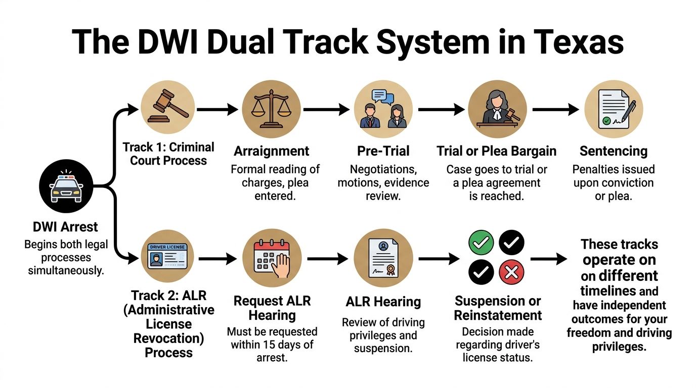 A diagram illustrating the dual track legal process for a DWI arrest in Texas.