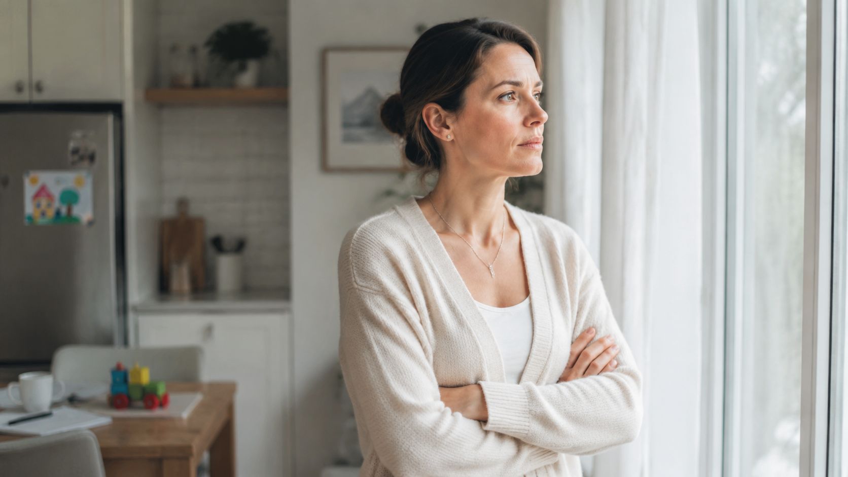 A concerned woman standing by a window in her home, looking thoughtful and looking away.
