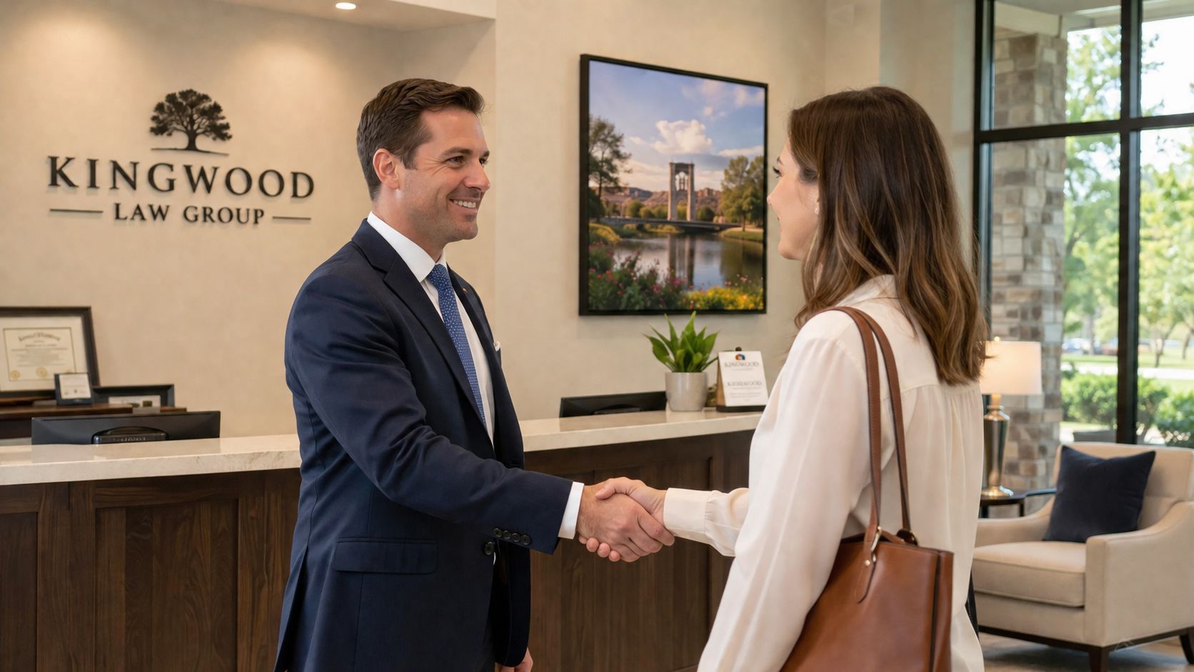 A professional family law attorney shakes hands with a female client at the Kingwood Law Group office reception.