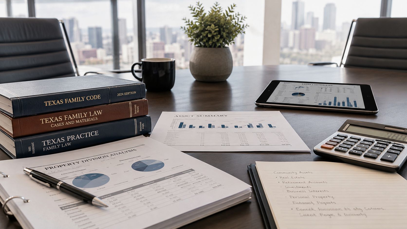 A professional office desk with legal books, financial charts, a tablet, and a calculator for law analysis.