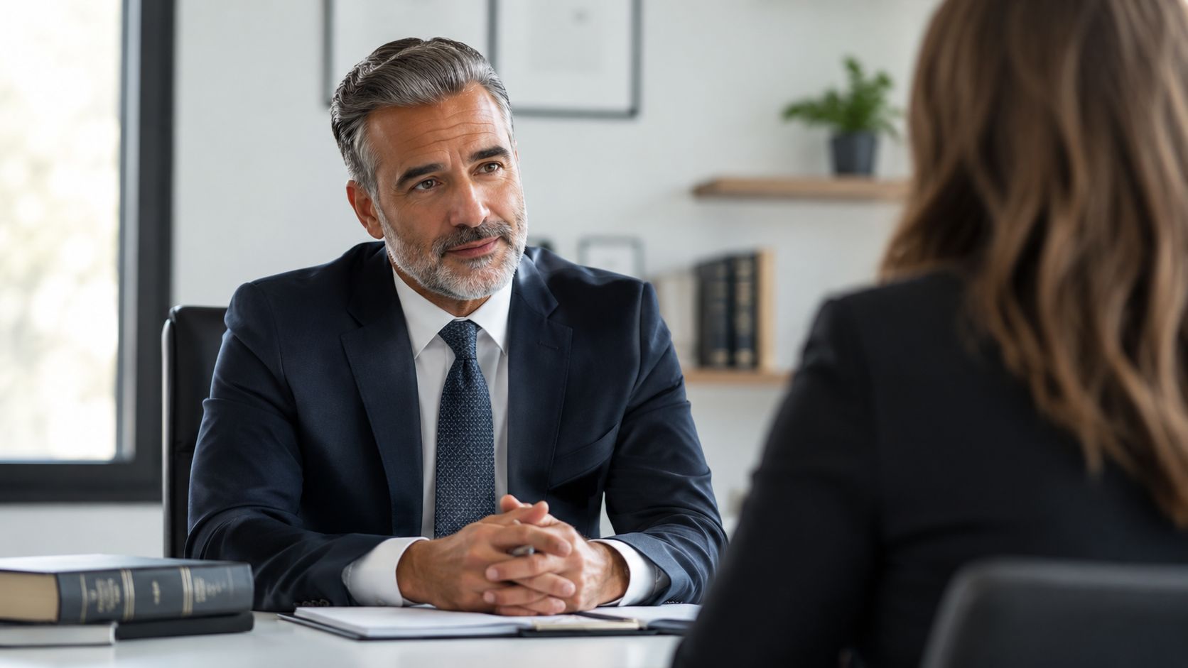 A professional male family lawyer conducting a free legal consultation with a client in an office.