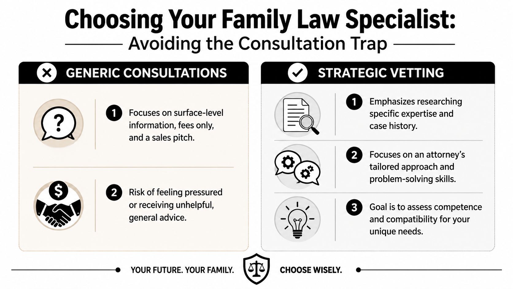 An infographic comparing generic legal consultations with strategic vetting for choosing a family law specialist.