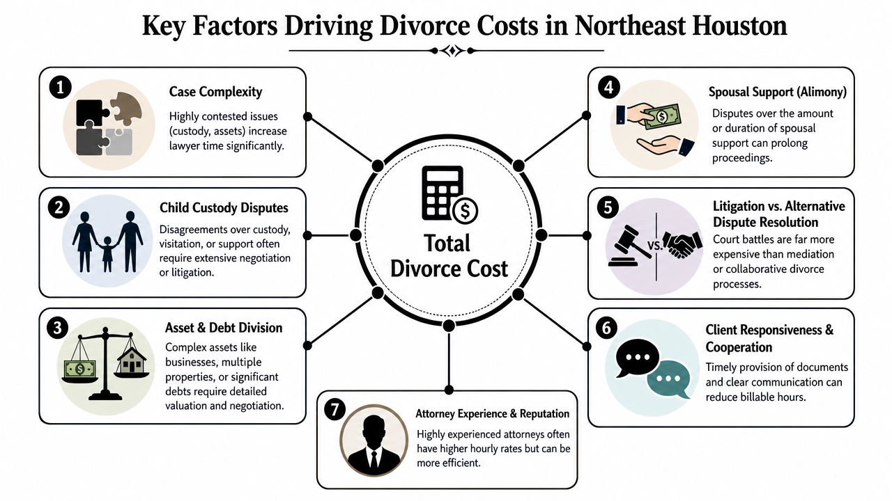 An infographic detailing seven key factors that influence the total financial cost of a divorce in Northeast Houston.