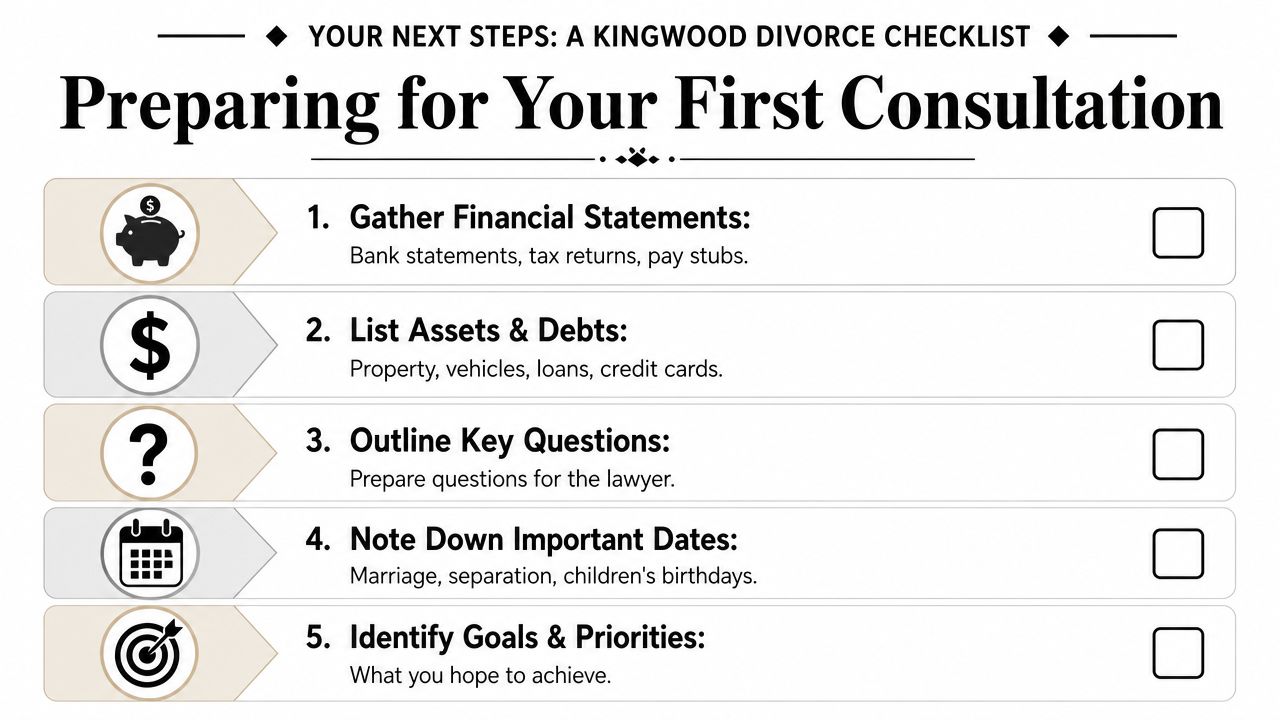 A checklist titled Preparing for Your First Consultation detailing five steps for a divorce process in Kingwood.