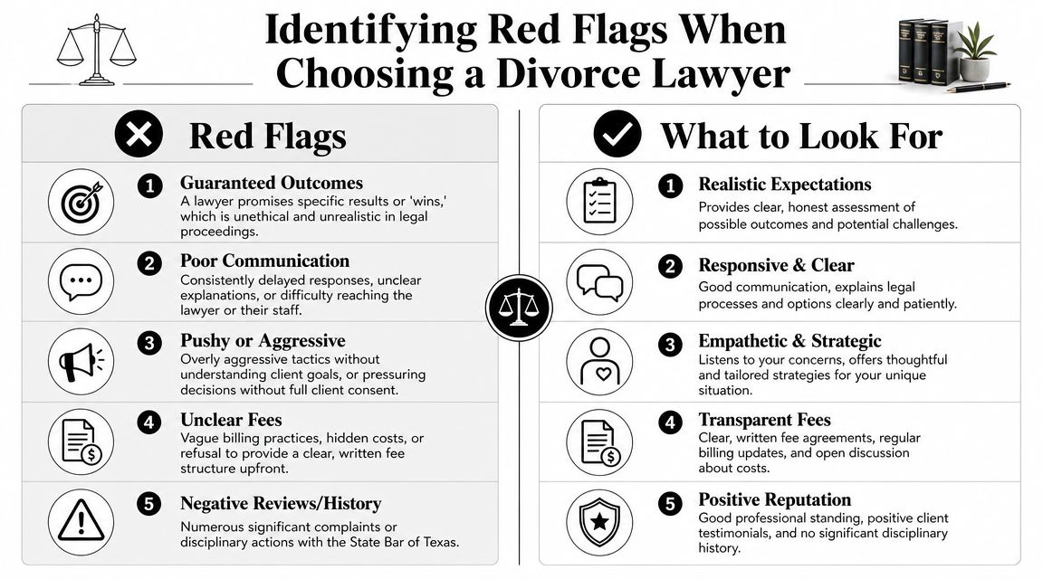 A comparison chart outlining red flags to avoid and positive qualities to seek in divorce lawyers.