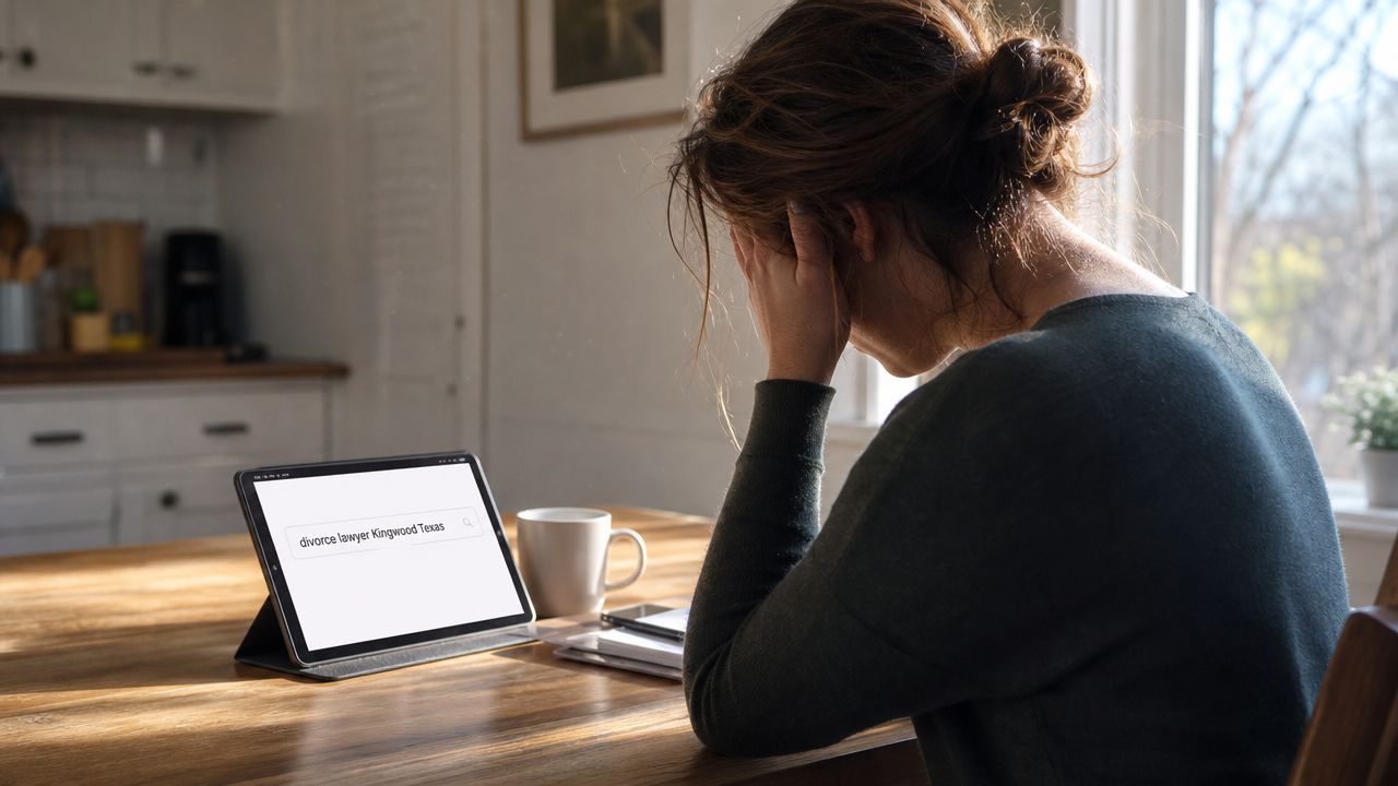 A woman sitting at a kitchen table appearing stressed while using a tablet to search for divorce lawyers.