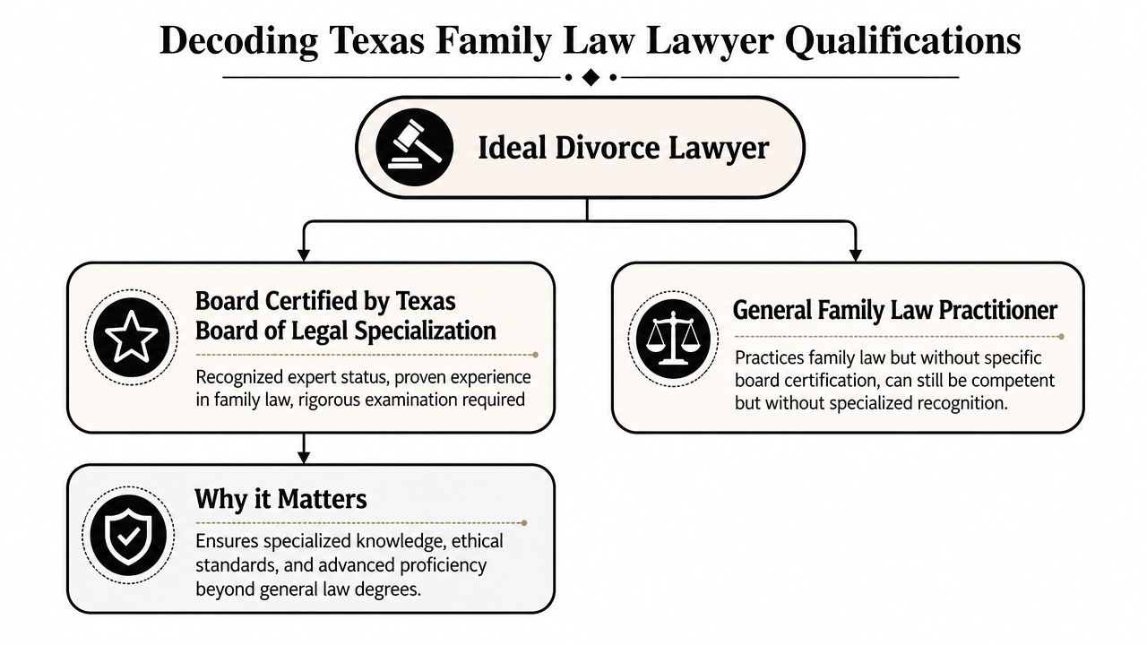 A flowchart comparing Board Certified Texas family lawyers versus general practitioners to help evaluate legal qualifications.