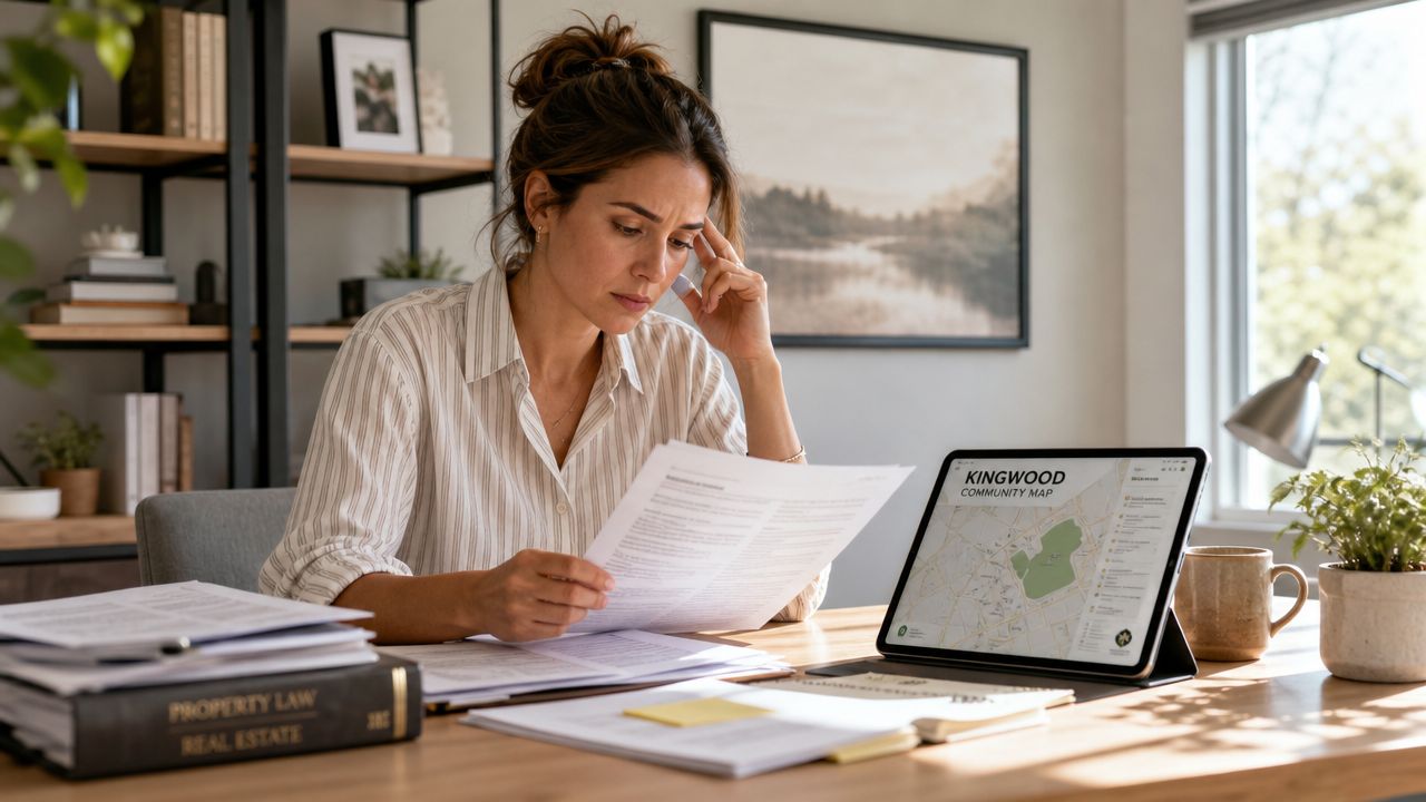 A professional woman studies legal documents at her desk while reviewing a community map on a tablet.