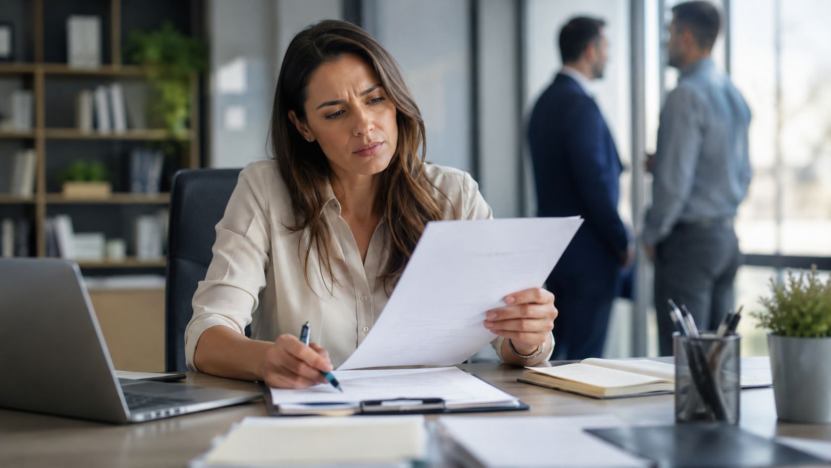 A professional woman in an office reviewing legal documents while sitting at her desk.