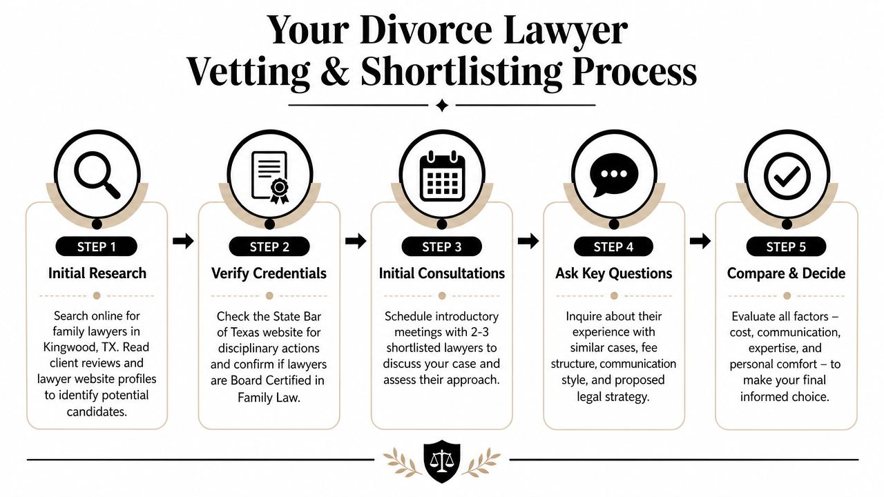 A five-step infographic outlining the process for vetting and shortlisting a divorce lawyer in Kingwood, Texas.