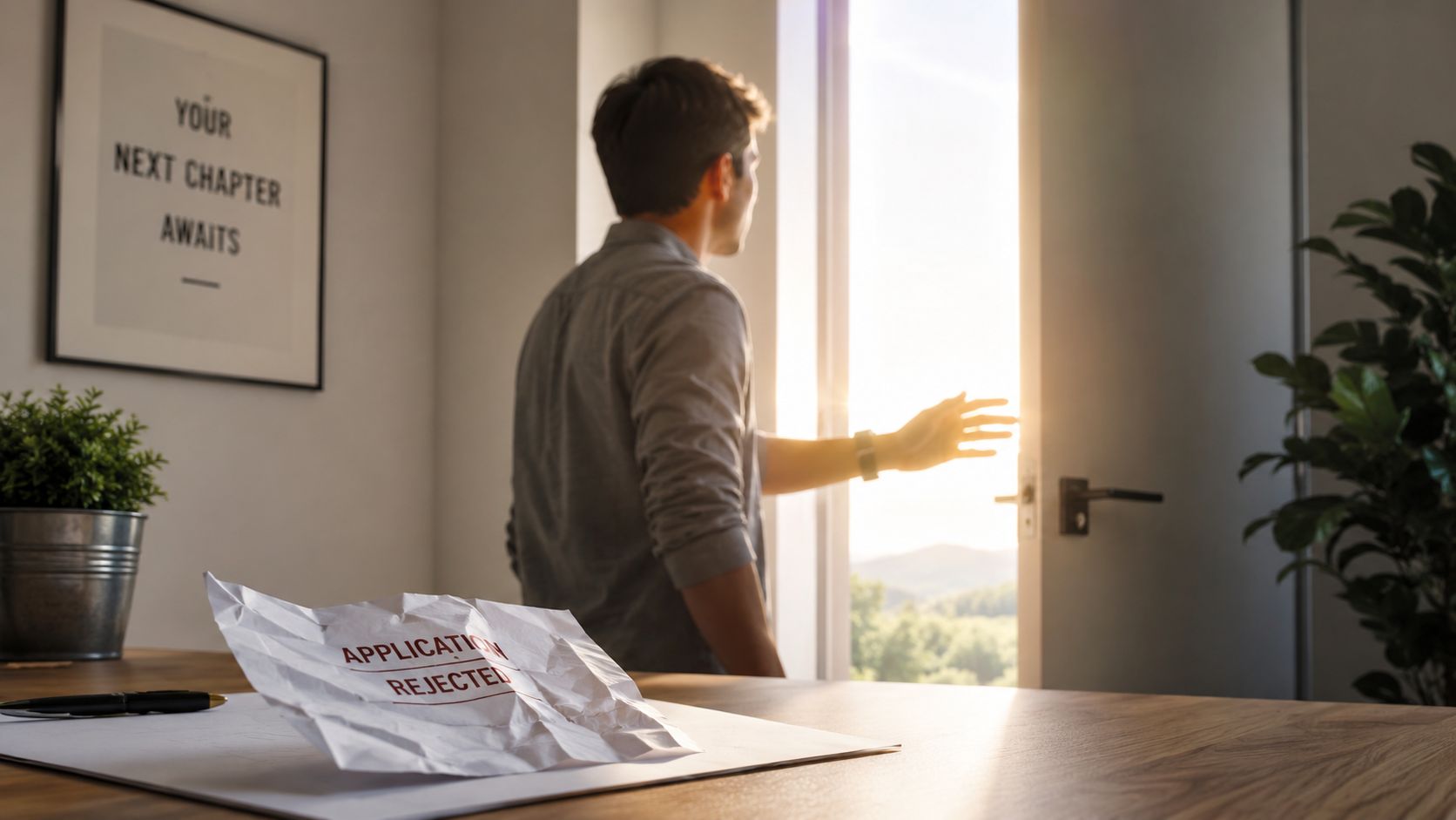 A man stands before an open door, looking at the light while a rejected application lies nearby.