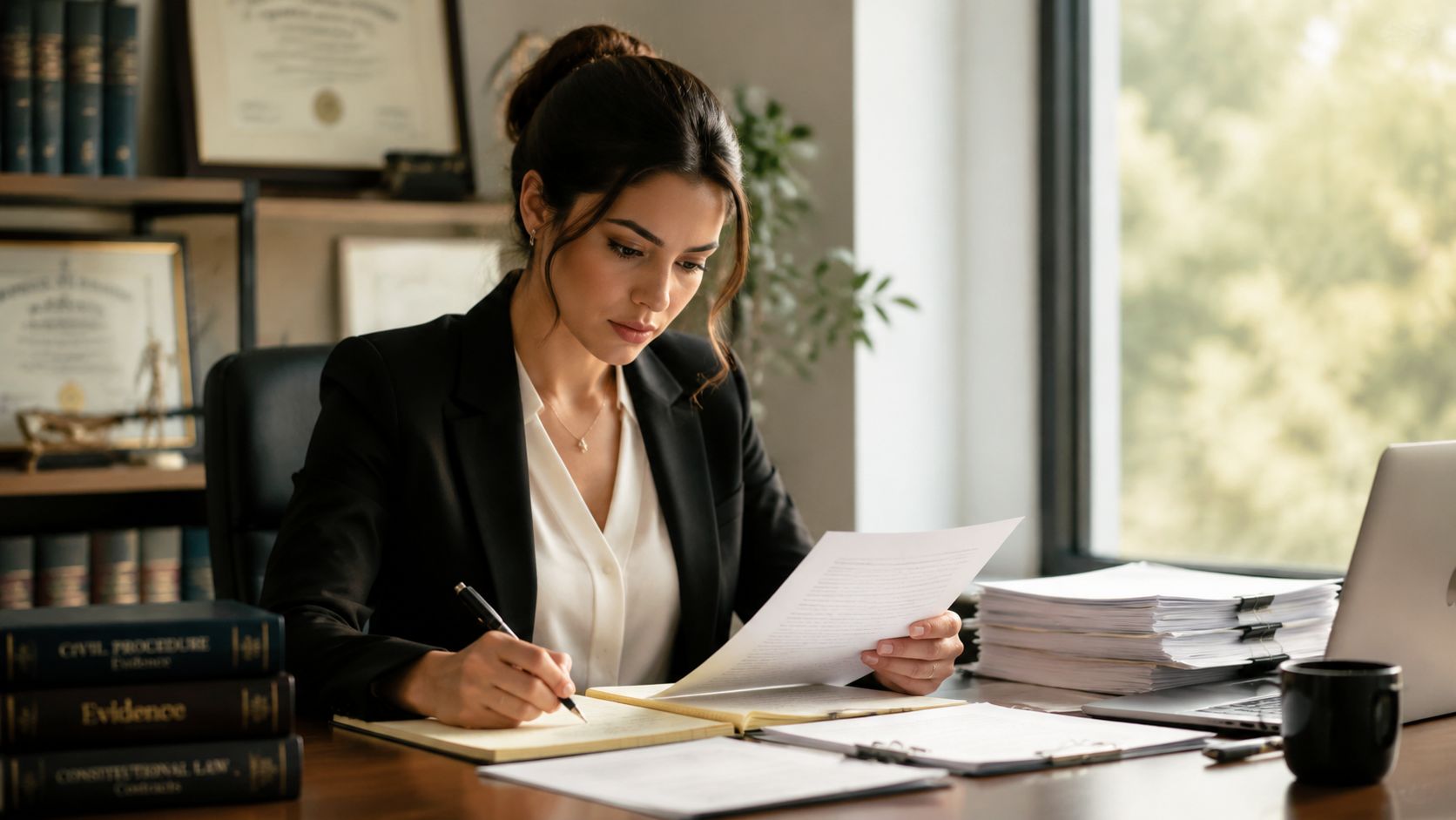 A professional female attorney reviewing legal documents at her desk in a modern law office.