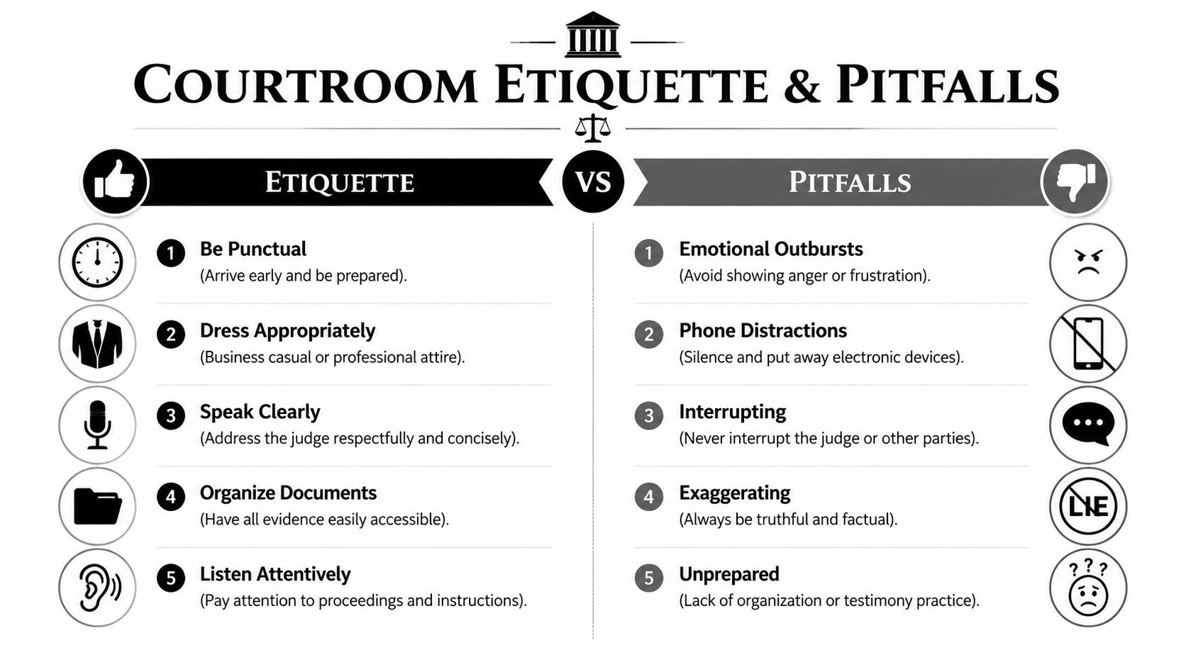 A visual guide outlining five tips for courtroom etiquette and five common pitfalls to avoid during hearings.