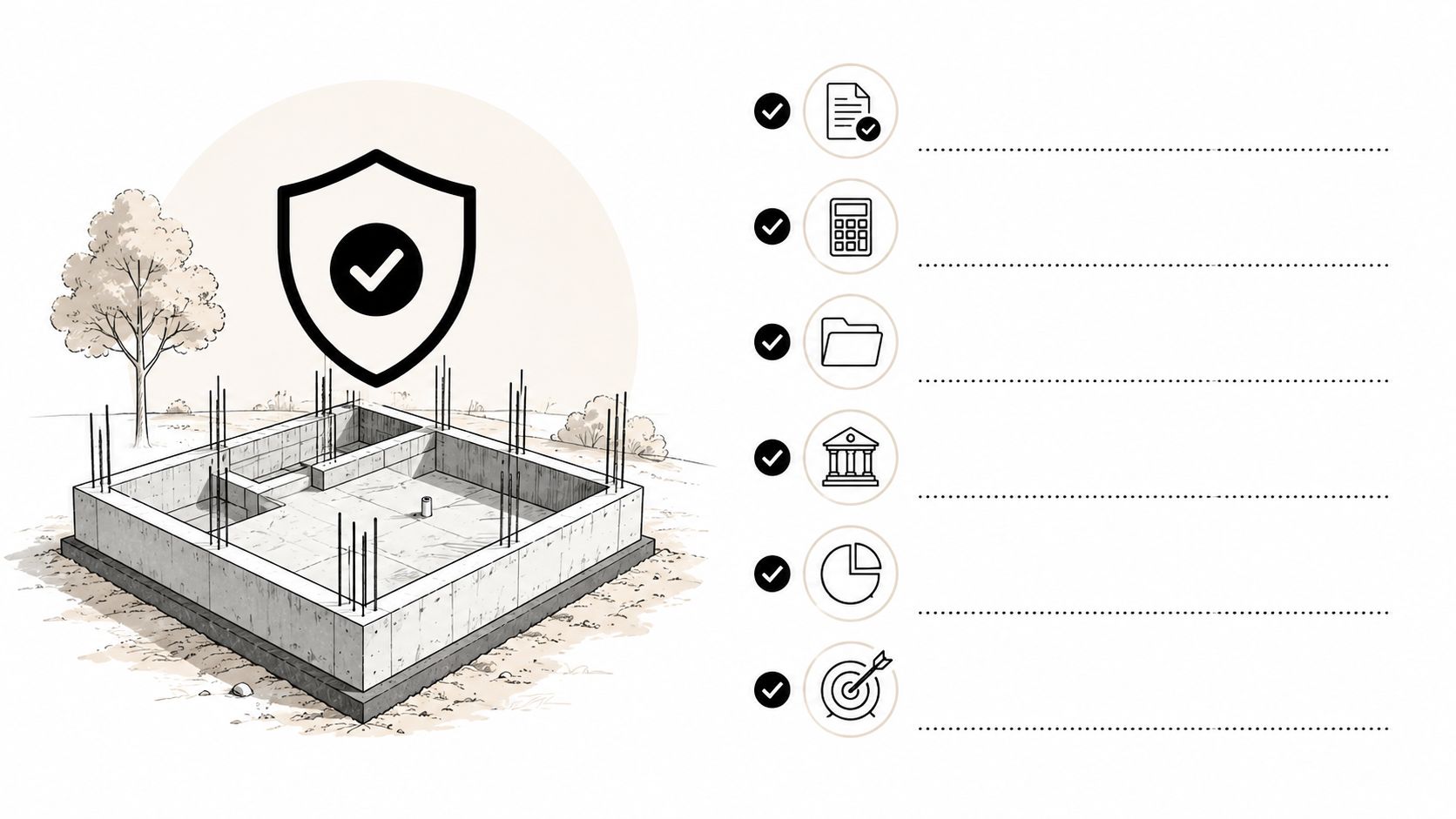 A concrete building foundation with a shield icon and six checklist rows representing project planning stages.